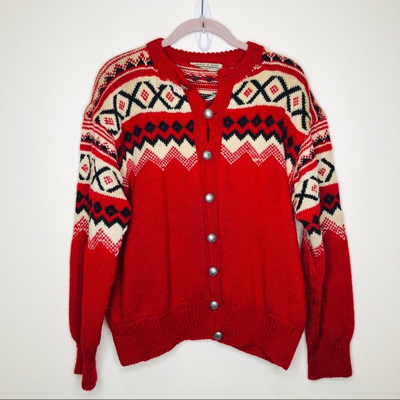 Vintage Sweaters - 1960s Vintage Norwegian Fair Isle Knit Cardigan L